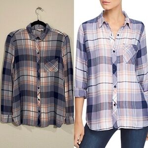 BeachLunchLounge Women Button Front Top Small Purple Plaid Flannel Fly Away Back